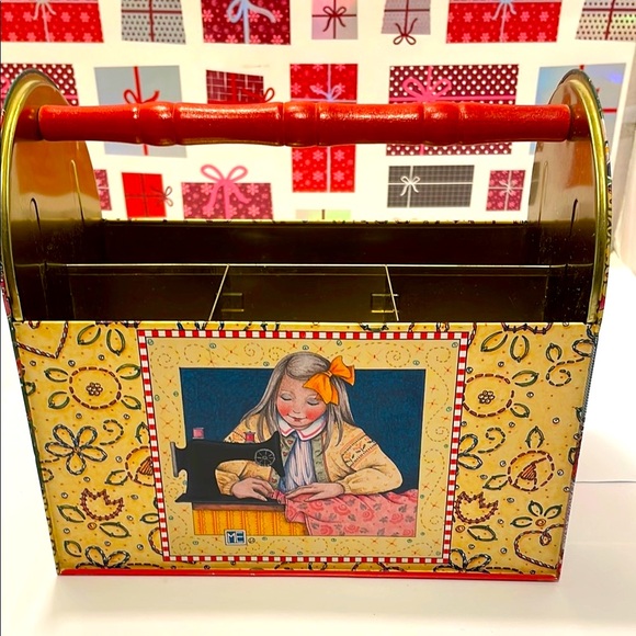 Vintage Sewing Themed Storage Box with Red Handle